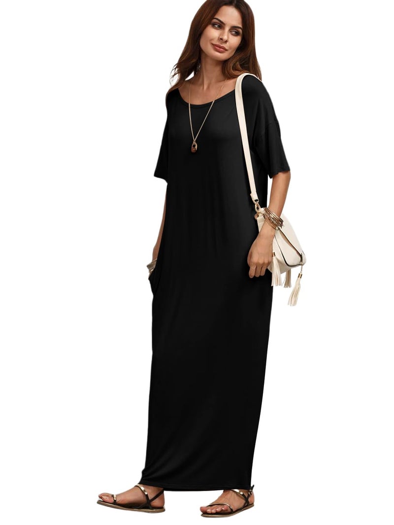 Verdusa Women's Short Sleeve Loose Long Maxi Lounge Dress with Pockets #1 Black Large - Image 1